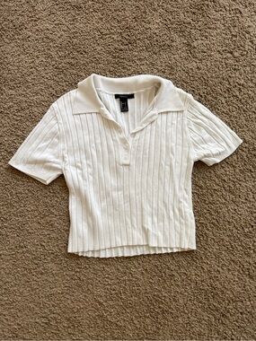 Forever 21 Cream Ribbed Polo Crop Top